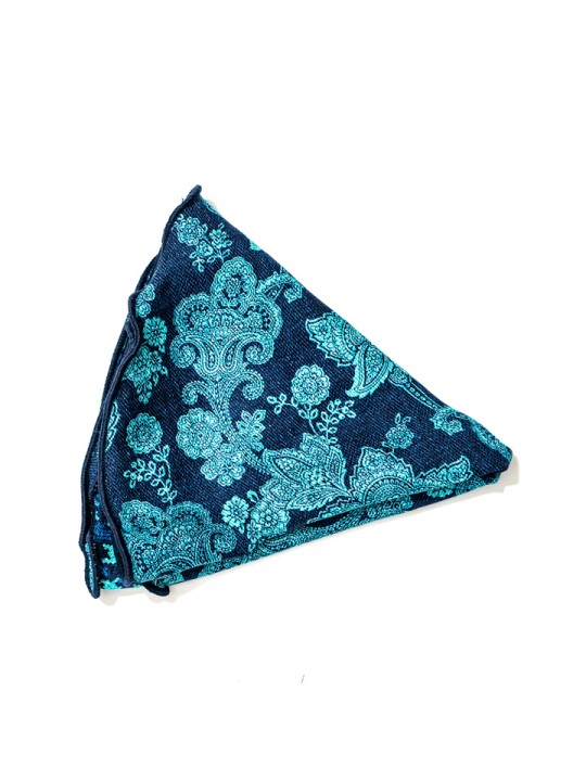 Denim/Turquoise Vine Paisley/Houndstooth Print Silk Shappe Diamante Reversible Pocket Circle