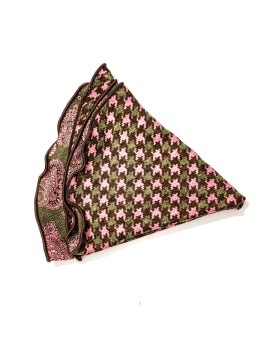 Olive/Pink Vine Paisley/Houndstooth Print Silk Shappe Diamante Reversible Pocket Circle