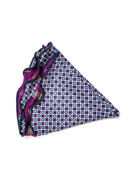 Dk. Magenta/Lt. Blue Neat/Geo Print Silk Shappe Diamante Reversible Pocket Circle