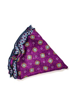 Dk. Magenta/Lt. Blue Neat/Geo Print Silk Shappe Diamante Reversible Pocket Circle