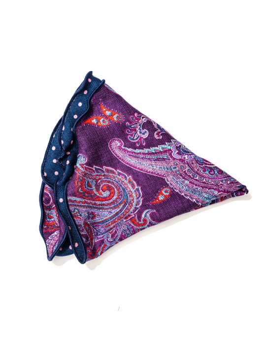 Purple/Navy/Pink Paisley/Polka Dots Print Silk Shappe Diamante Reversible Pocket Circle