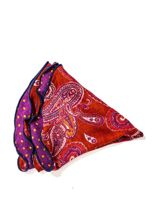 Rust/Dk. Magenta Paisley/Polka Dots Print Silk Shappe Diamante Reversible Pocket Circle