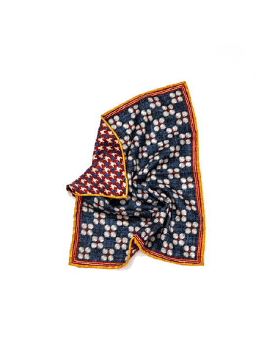 Navy/Burnt Orange Floral Dots/Houndstooth Print Reversible Pocket Square