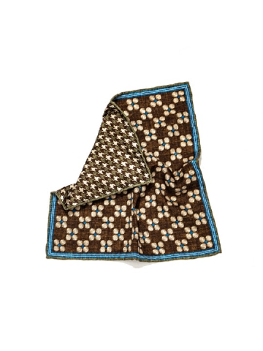 Brown /Blue Floral Dots/Houndstooth Print Reversible Pocket Square