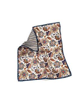 Heather/Navy Floral/Stripes Print Reversible Pocket Square