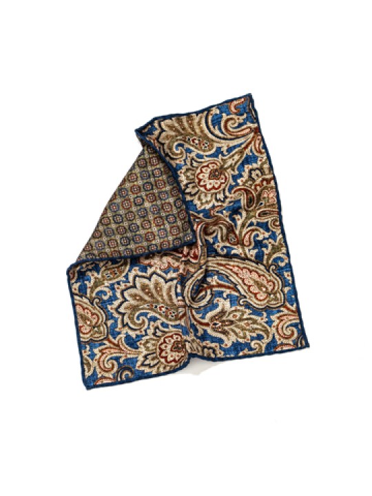 Denim/Olive Paisley/Floral Neat Print Reversible Pocket Square