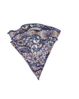 Navy/Yellow Floral/Vine Paisley Silk Shappe Diamante Reversible Pocket Circle