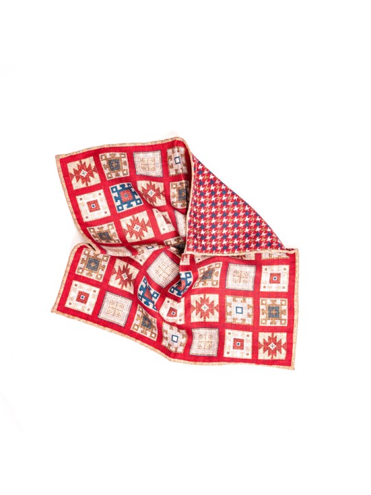 Red Southwest Design Grid/Houndstooth Print Reversible Pocket Square