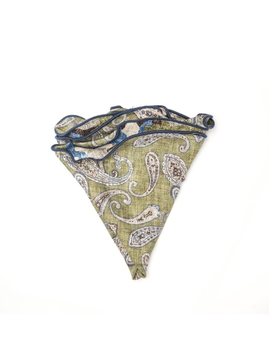 Military Green Elongated Paisley/Camo Print Silk Shappe Diamante Reversible Pocket Circle