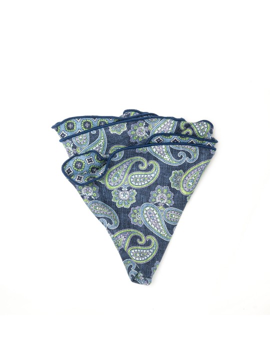 Navy Paisley/Neat Print Silk Shappe Diamante Reversible Pocket Circle