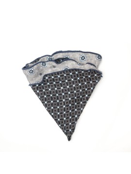 Grey Floral Neat/ Print Silk Shappe Diamante Reversible Pocket Circle