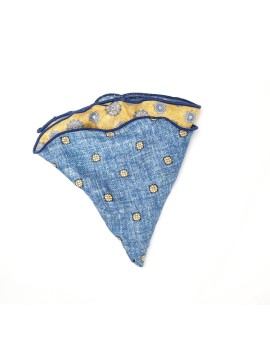 Mustard/Chambray Medallions/Floret Neat Print Silk Shappe Diamante Reversible Pocket Circle