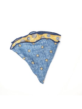 Mustard/Chambray Medallions/Floret Neat Print Silk Shappe Diamante Reversible Pocket Circle