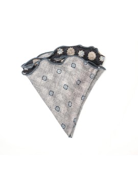 Black/Grey Medallions/Floret Neat Print Silk Shappe Diamante Reversible Pocket Circle