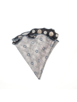 Black/Grey Medallions/Floret Neat Print Silk Shappe Diamante Reversible Pocket Circle