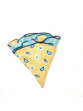 Yellow/Sky Paisley/Shadowed Dots Print Silk Shappe Diamante Reversible Pocket Circle