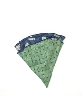 Denim/Green Paisley/Shadowed Dots Print Silk Shappe Diamante Reversible Pocket Circle