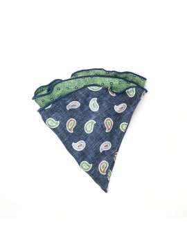 Denim/Green Paisley/Shadowed Dots Print Silk Shappe Diamante Reversible Pocket Circle