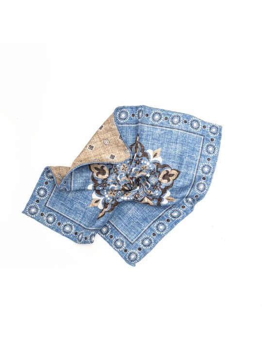 Blue/Tan Center Design/Neat Print Reversible Pocket Square