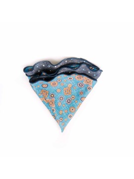 Sky Foulard/Dots Print Silk Shappe Diamante Reversible Pocket Circle