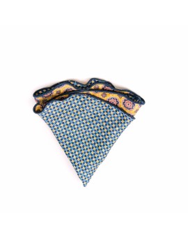 Yellow/Navy Medallion/Check Print Silk Shappe Diamante Reversible Pocket Circle