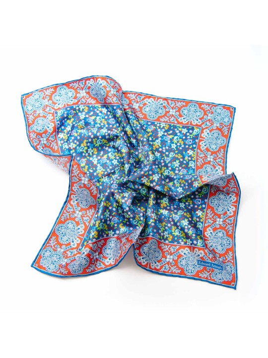 Sapphire/Orange-Red/Sky Blue Floral Print Pocket Square 100% Silk  Twill 14mm (140) 45 X 45 Cm