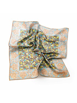 Brown/Powder Blue/Yellow Floral Print Pocket Square 