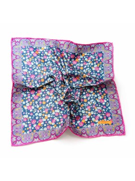 Navy/Fuchsia/Orange Floral Print Pocket Square, 100% Silk Twill, Hand Roll (45x45cm)