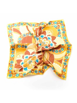 Yellow/Brown/Blue Retro Print Pocket Square, 100% Silk Twill, Hand Roll(45x45cm)