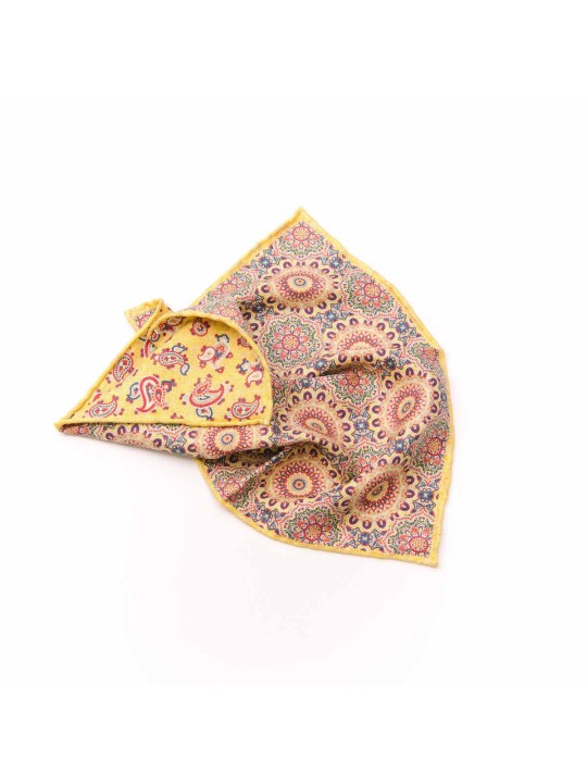 Orange/Blue Medallions/Pine Paisley Print Reversible Pocket Square