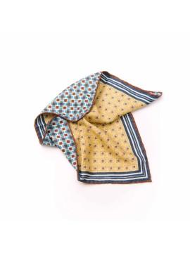 Yellow/Deep Blue/Brown Dot Pattern/Cross Neat Print Reversible Pocket Square