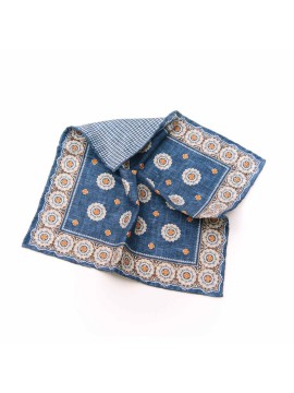 Denim/Rust Medallions/Houndstooth  Print Reversible Pocket Square