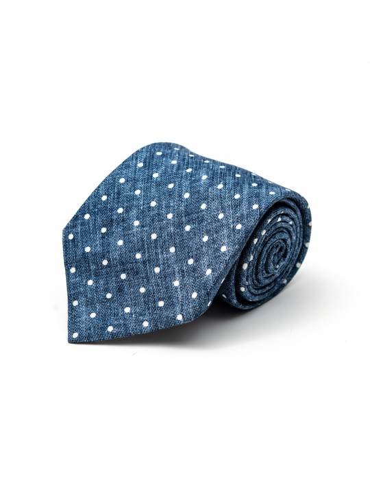 Denim/White Polka Dots Silk Shappe Diamante Print Tie