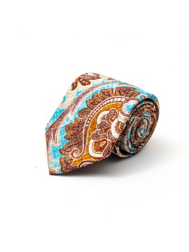 Brown/Mustard/Vivid Sky Blue Paisley Silk Shappe Diamante Print Tie