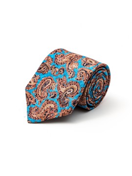 Deep Sky Blue Pine Paisley Silk Shappe Diamante Print Tie