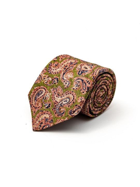 Asparagus Pine Paisley Silk Shappe Diamante Print Tie