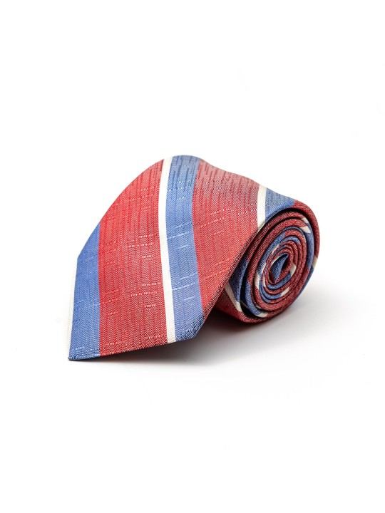 Lt. Red/Periwinkle/Off White Bayadere Stripes Silk Tie