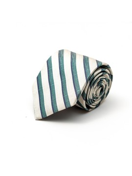 Persian Green/Denim/Off White Bayadere Stripes Silk Tie