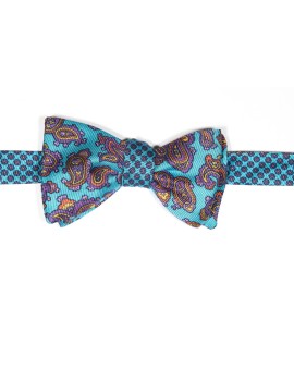 Turquoise/Orange Paisley Pines/ Floral Print Reversible Bow Tie